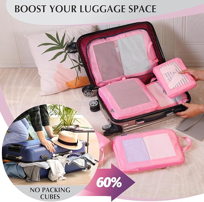 Ultralight Compression Packing Cubes for Suitcases Carry on，Compressible Mesh Packing Cubes for Travel Women Travel Essential