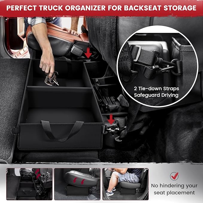 Under Seat Truck Organizer Storage Box with 1 Removable Divider & 5 Storage Mesh Bag, Collapsible Trunk Organizer for Car,
