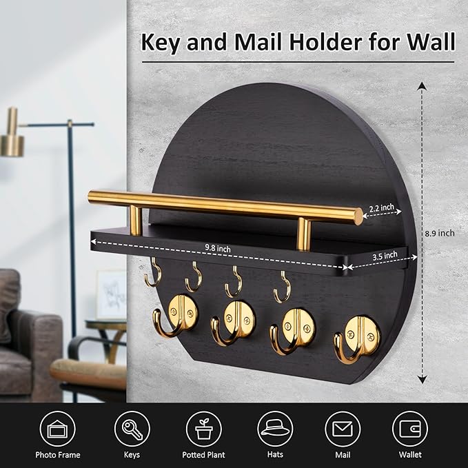 Nekon Key Holder for Wall - 9.8 Inch Apartment Wall Decor with Shelf and 8 Key Hooks, Circular Wood Key Hanger for Home Decor