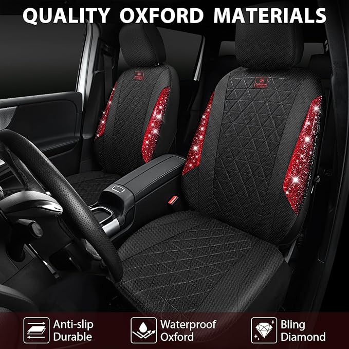 CAR PASS Oxford Bling Diamond Car Seat Covers Full Set Interior Sets, Waterproof Shining Glitter Sparkly Crystal Universal Ar