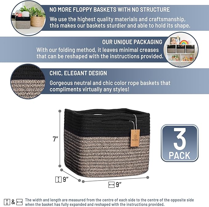 NaturalCozy Storage Cubes 9”x9”x7”Cotton Rope Woven Baskets for Organizing 3-Pack | 9 Inch Cube Storage Bin | Small Basket fo