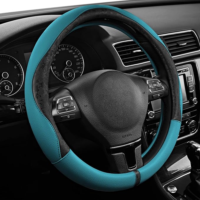 PIC AUTO Steering Wheel Cover, Black Patterned & Blue Leather Patchwork Design, Universal Fit 14.5"–15.5", Anti-Slip, Odor-Fr