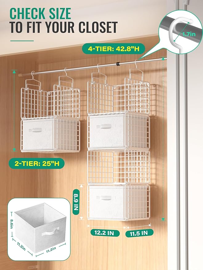 Hanging Closet Organizer with Drawers, 4 Tier Metal Closet Organizers and Storage with 4 Hanging Hooks 4 S-Hooks for Wardrobe