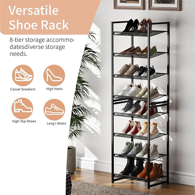 8 Tier Shoe Rack, Tall Metal Shoe Storage with Adjustable Shelves, Holds 16-20 Pairs, Stackable Shoe Stand for Garage Hallway