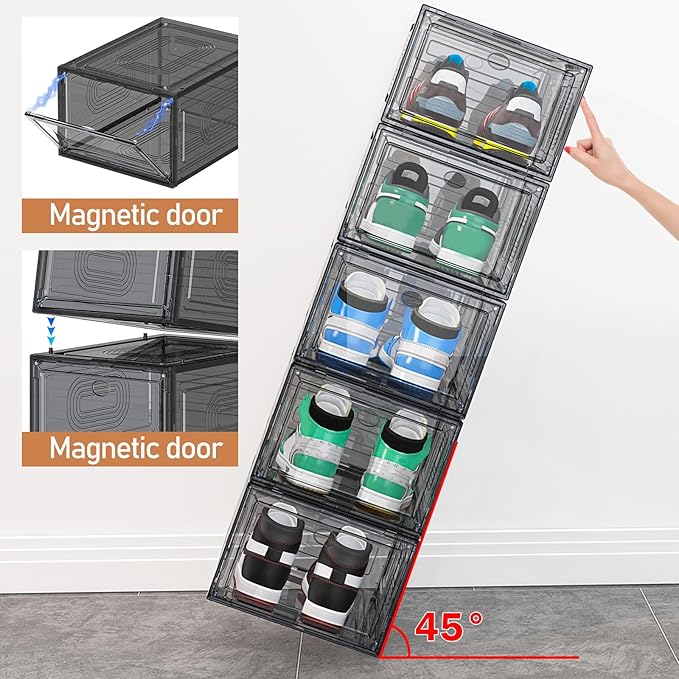 caktraie 10 Pack Thicken Shoe Organizer Stackable,Upgraded Sturdy Shoe Storage Box with Magnetic Door,Shoe Containers For Sne