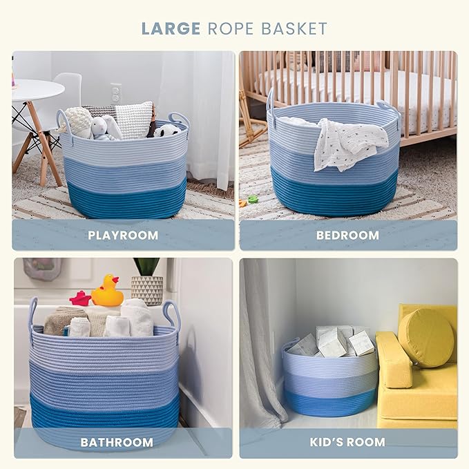 OrganiHaus Large Woven Storage Basket for Blankets and Toys 20" x 13" Inch, Rope Laundry Basket with Handles, Cushions & Pill