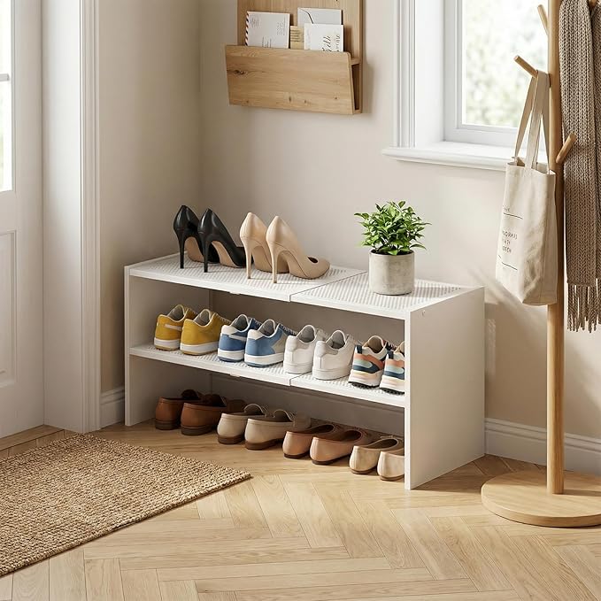 YATINEY Expandable Shoe Rack, 2-Tier Adjustable Entryway Shoe Organizer, Stackable Closet Shoe Rack for Small Space, Compact 