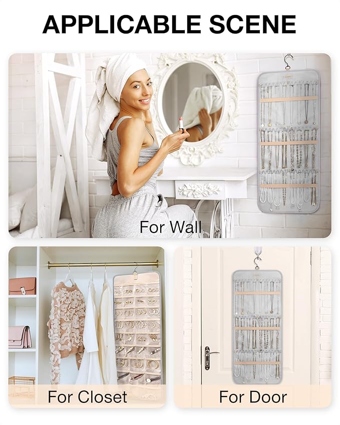 BAGSMART Hanging Jewelry Organizer Storage Roll with Hanger Metal Hooks Double-Sided Jewelry Holder for Earrings, Necklaces, 