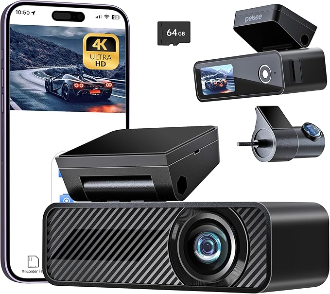 Pelsee P1 Duo 4K Dash Cam Front and Rear, 64GB SD Card, 4K+1080P Dual Dash Camera for Cars, Wi-Fi & App Control, 1.5’’IPS Dis