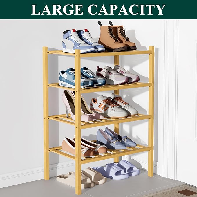 Smiry Bamboo Shoe Rack for Closet, 4 Tier Small Wooden Stackable Shoe Organizer, Free Standing Shoes Storage Shelf for Entryw