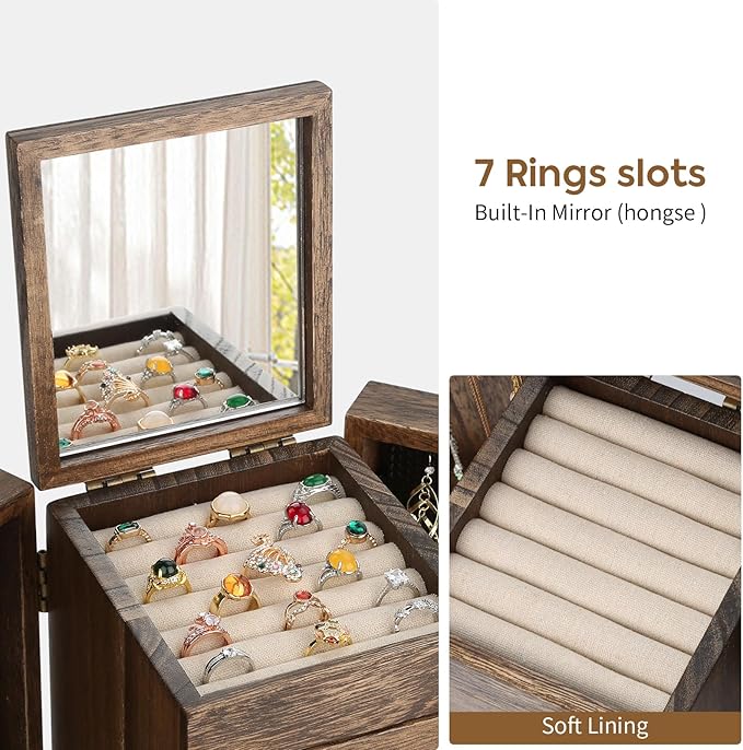 Meangood Jewelry Box Wood for Wowen, 5-Layer Large Organizer Box with Mirror & 4 Drawers for Rings, Earrings, Necklaces, Waln