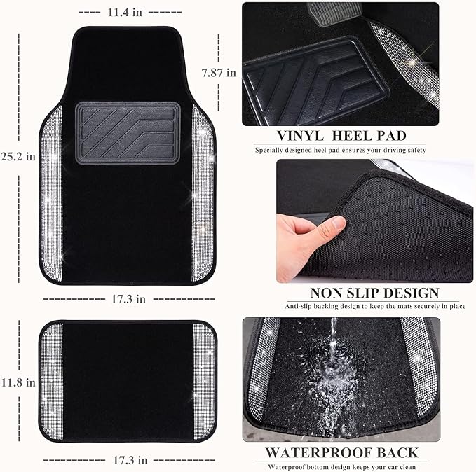 CAR PASS 11 PCS Bling Diamond Car Mats Set for Women Girls, Sparkly Rhinestone Steering Wheel Cover, Waterproof Floor Mats