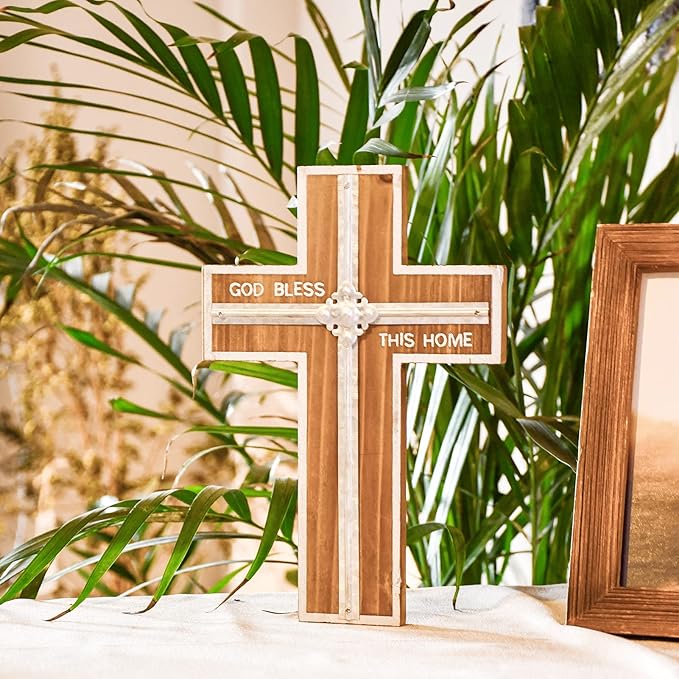 Wall Cross Retro Catholic Wooden Hanging Crosses Baptism with Metal Spiritual Religious Cross with Hook Silver Edge Blessed L