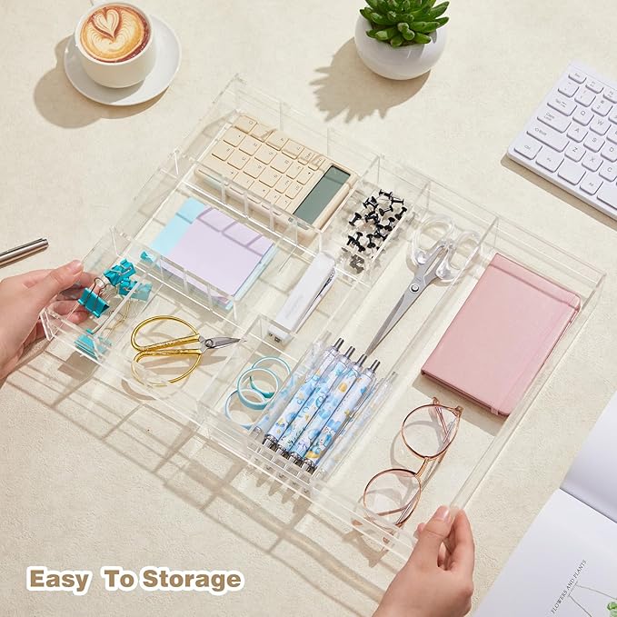2 Pcs Acrylic Desk Drawer Organizer Maximum 11.8 x 17 x 1.9 Inch Expandable Drawer Organizer Trays with 7 Adjustable Compartm