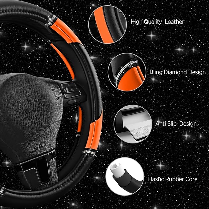 Road Comforts Leather Steering Wheel Cover - Made with PVC Leather - Anti-Slip, Universal Fit 14 1/2 inches to 15 inches - Or