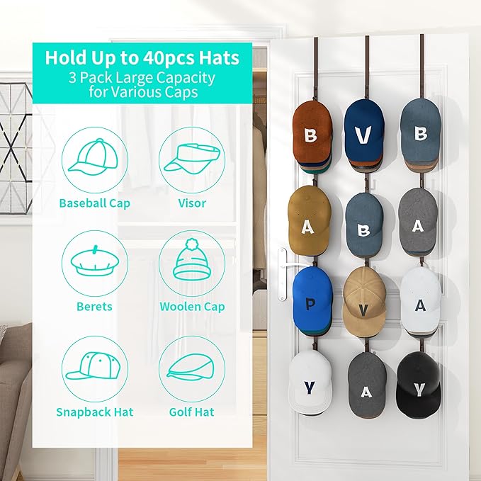 HapiRm Over Door Hat Rack - 3 Packs Hat Organizer with 12 Hooks Design, Hanging Baseball Cap Organizer Storage Holds Up to 60