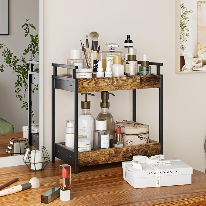 KLM Countertop Coffee Station Organizer, 2 Tier Wooden Shelf for Coffee Bar Accessories, Condiment Storage Caddy for Kitchen,