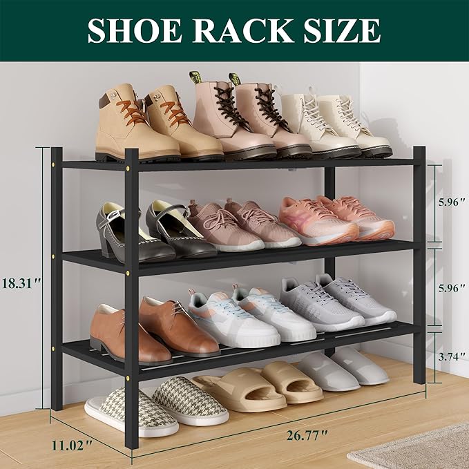 Smiry Bamboo Shoe Rack 3-Tier, Stackable Wooden Shoe Organizer for Entryway & Closet, Free Standing Wood Shoe Storage Shelf f