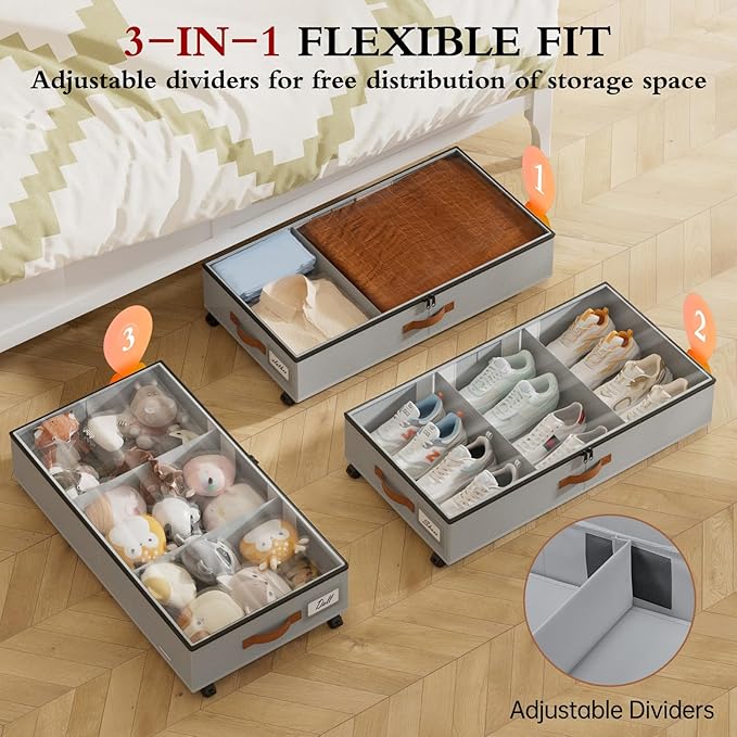 Yecaye Under Bed Storage with Wheels, 2 Pack Under Bed Storage Containers with Adjustable Dividers & Clear Window, Rolling Un