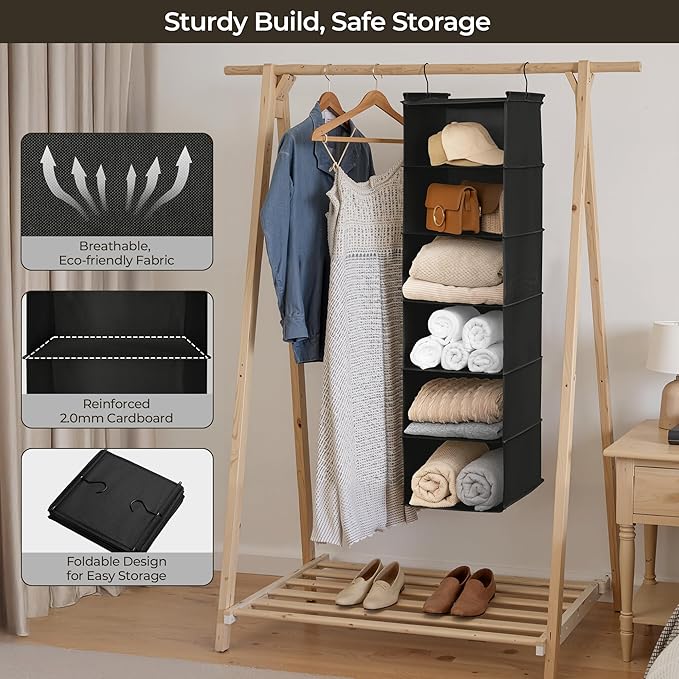 GRANNY SAYS 6 Shelf Hanging Closet Organizers and Storage, Collapsible Closet Hanging Organizer with 2 Sturdy Hooks, Large Ha