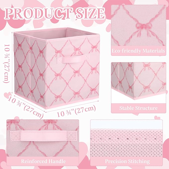 Geelin 6 Pcs Light Pink Bow Cube Storage Bins 11 Inch Storage Basket with Handle, Preppy Girls Organizer Basket, Collapsible 