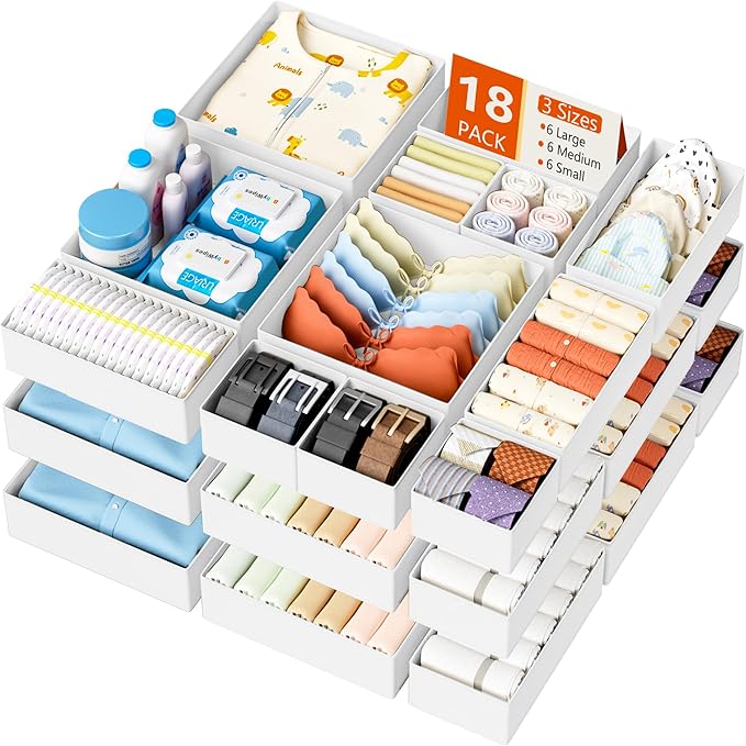 DIMJ Drawer Organizer Clothes - 18 Pack Baby Dresser Organizer for Nursery, Foldable Drawer Organizer Bins for Closet Bedroom