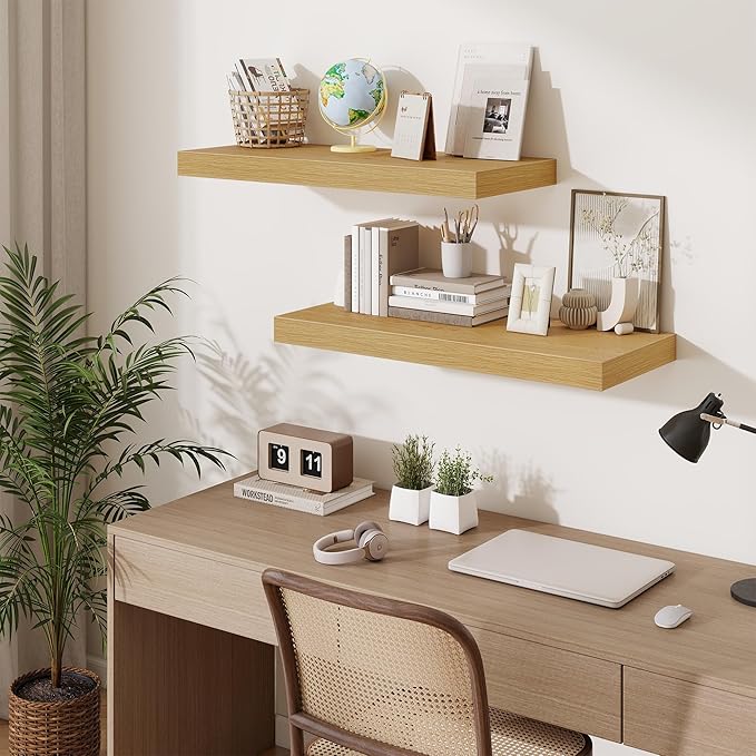 Fun Memories 32 x 12 Floating Shelves Wall-Mounted - Rustic Wood Shelf - 12 Inch Deep Floating Shelves for Wall - Large Stora