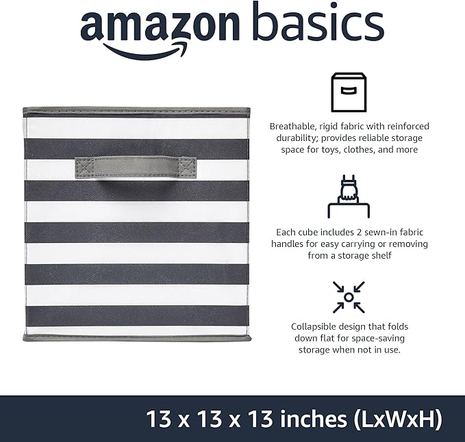 Amazon Basics Collapsible Fabric Storage Bins with Handles, Cube Organizer for Organizing, 13"x13"x13", White/Light Grey Stri