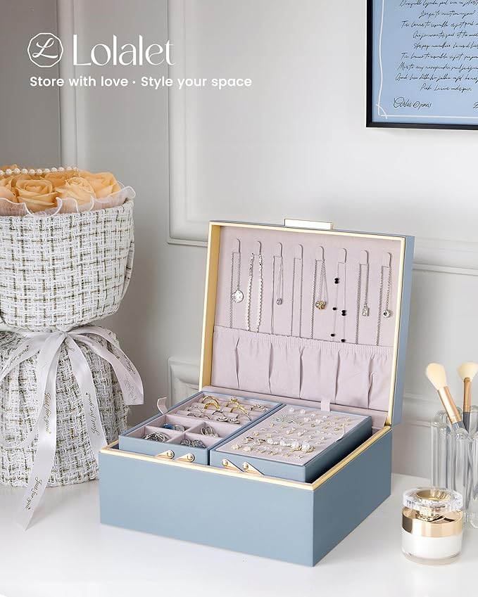 Lolalet Jewelry Box Organizer for Women Girls, 2 Layer Jewelry Organizers and Storage for Necklace Earrings Rings Bracelets, 