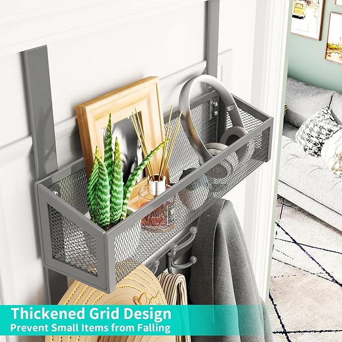 HapiRm Over The Door Hooks - Easy Installation Door Hanger with Basket and 16 Hooks, 304 Stainless Steel Storage Organizer fo