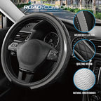 Road Comforts Leather Steering Wheel Cover – Black & Gray, Universal Fit 14.5-15 Inch, Microfiber Leather, Anti-Slip & Breath