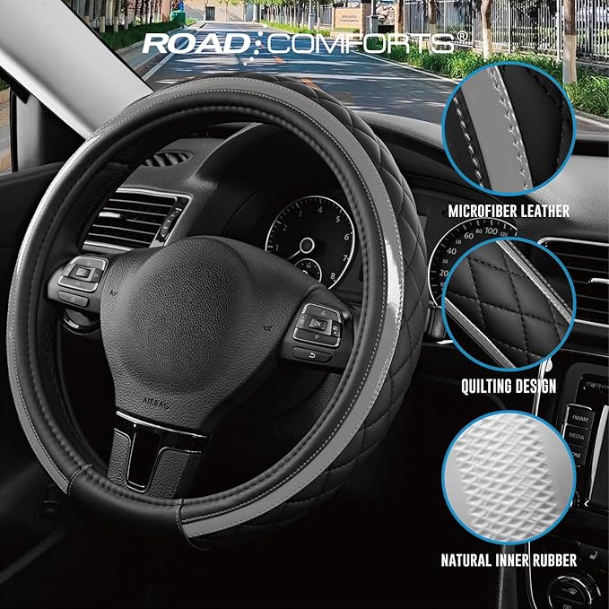 Road Comforts Leather Steering Wheel Cover – Black & Gray, Universal Fit 14.5-15 Inch, Microfiber Leather, Anti-Slip & Breath