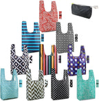 BeeGreen Geometry Reusable Grocery Bags Bulk Gifts 10-Pack - Large Tote with Zipper Pouch | Foldable & Washable Polyester Shopping Bags Heavy Duty Flower Lover Gifts Reusable Bag With Handles