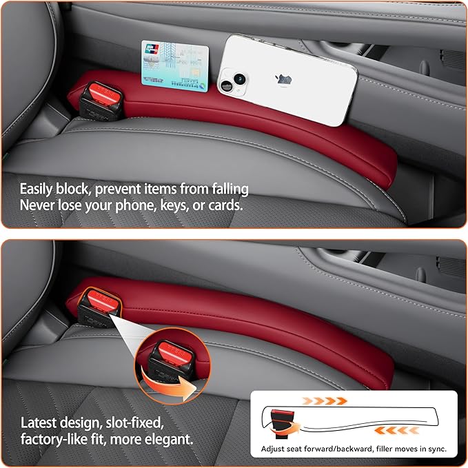 Car Seat Gap Filler - 2 Pack Premium Leather Console Blockers for Cars, Trucks & SUVs - Adjustable 1.4-2.4 Inch Width - Prevents Items Falling Between Seats (Wine)