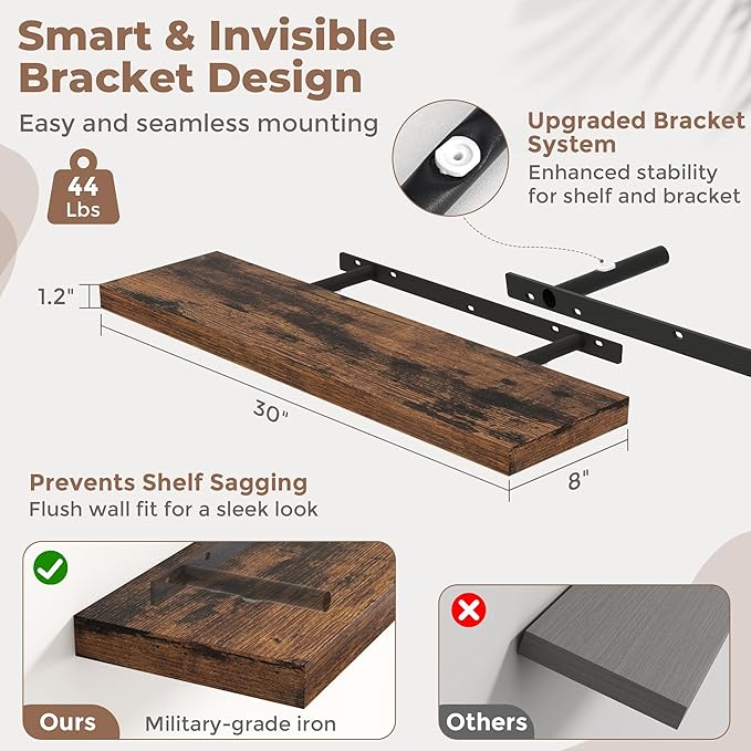 30 Inch Floating Shelves for Wall Set of 2, 8"D Wood Grain Bathroom Shelves with Invisible Brackets, Easy Install Engineered 