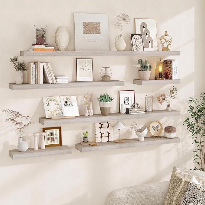 Fun Memories 55 Inch Fireplace Mantel - Long Floating Shelf, Wall Mounted Farmhouse Display with Invisible Heavy Duty Metal B