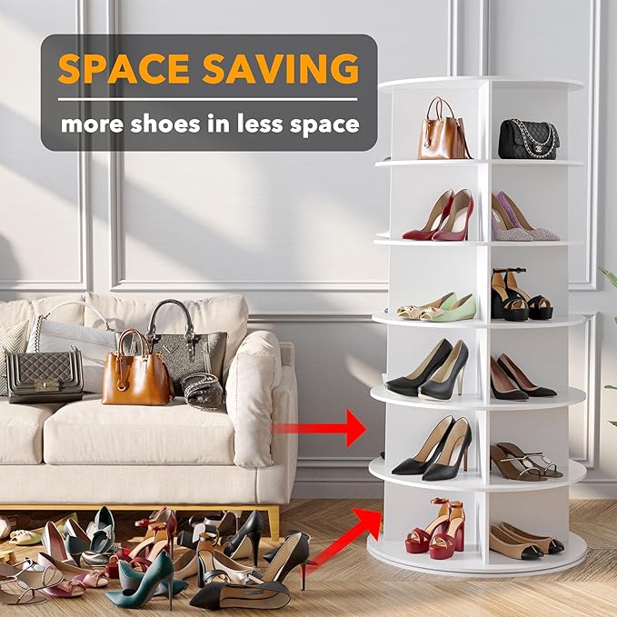 SpaceAid 6 Tier Rotating Shoe Rack Tower, Spinning Shoe Display Lazy Susan, Revolving 360 Shoe Rack Storage Round Carousel, V
