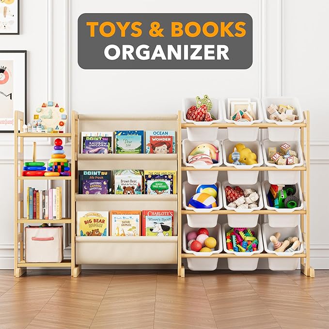 SpaceAid 3-in-1 Toy Storage Organizer with 4 Shelves and 12 Bins, Toy Organizers Storage 3-Tier Bookshelf, Kids Bin Shelf Box
