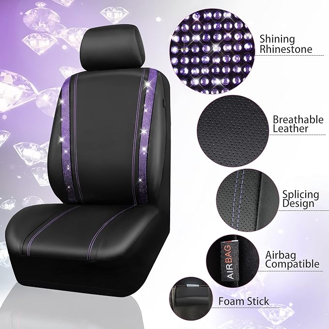 CAR PASS Bling Diamond Car Seat Covers Full Set,Shining Rhinestone Waterproof Faux Leather,Rear with Zipper,Universal Fit Automotive Glitter Crystal Sparkle Strips for Women,Violet Purple Rhinestone