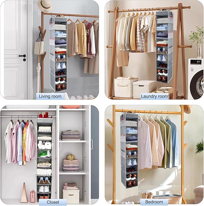 2 Pack Large-Sized Hanging Shoe Organizer 10-Shelf, Sturdy Hanging Closet Organizer with 8 Side Pockets, Wider Hanging Shelve