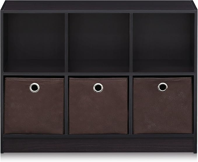 Furinno BASIC Book Shelf, 6-Cube Bookshelf with Open Shelf, 3 x 2 Bookcase with Storage Bins, Closed Back, Horizontal, 11.9 x