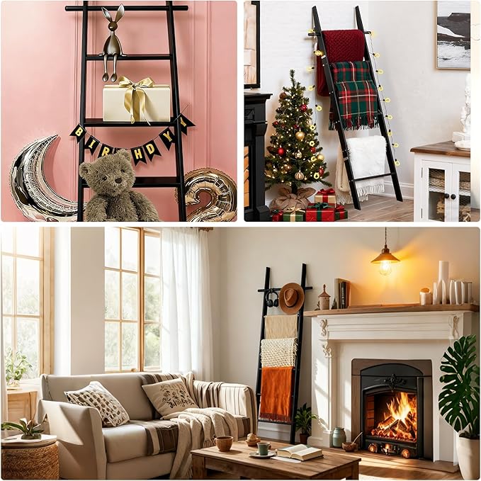 Farmhouse Wooden Blanket Ladder with Removable Hooks, 6-Tier Rustic Blanket Rack Decorative Stand, Leaning Towel Quilt Displa