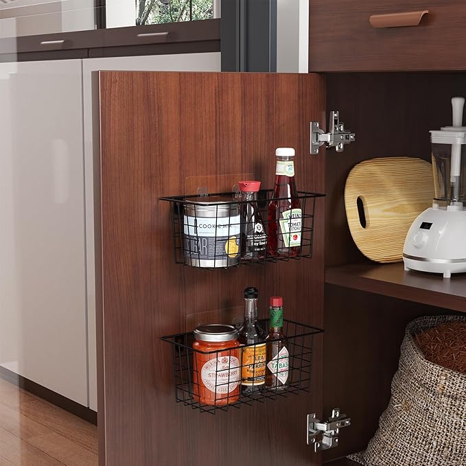 MaraFansie Hanging Kitchen Baskets Wire Storage Basket Adhesive and Screws Basket Over the Cabinet Door Organizer with Adhesi