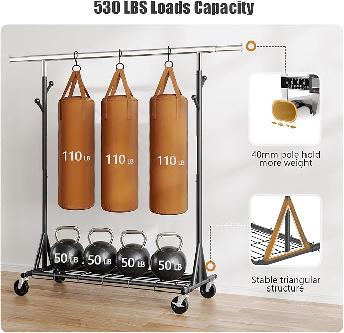 Gewudraw Garment Rack Load 530lbs,Heavy Duty Rolling Clothes Rack With Sturdy Wheel And Shelves, Adjustable Portable Hanging 