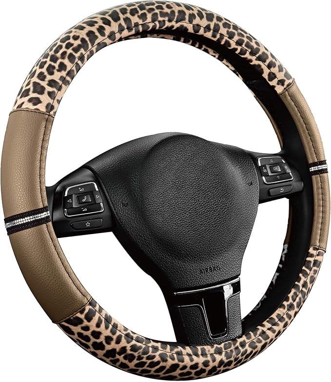Road Comforts Leopard Steering Wheel Cover for Women, Cute Anti-Slip Microfiber Leather, Universal Fit 14.5-15 Inch Round Ste