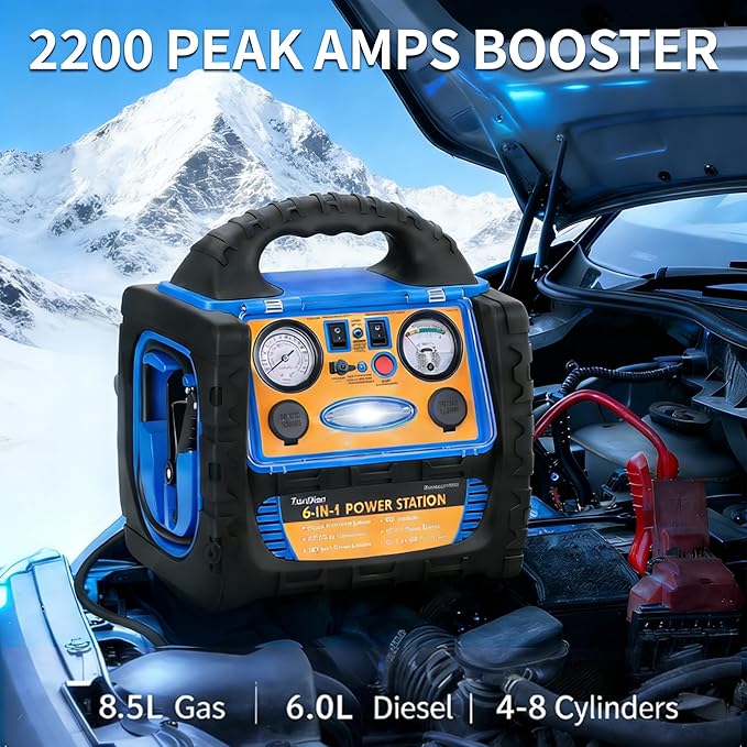 Car Jump Starter with Air Compressor, 2200A Battery Jumper Starter Portable with 260 PSI Tire Inflator, 12V Jump Box