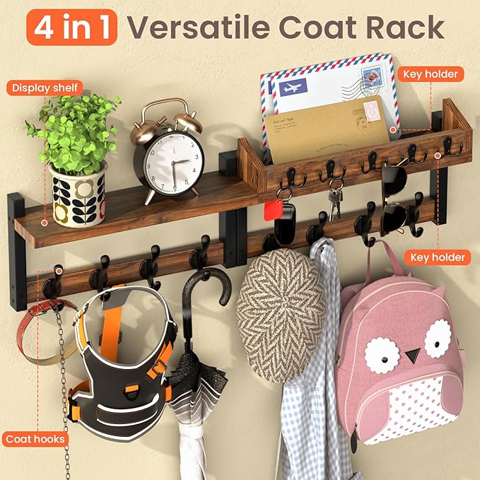 35'' Long Rustic Coat Rack Wall Mount with Shelf, Solid Wood Coat and Key Hanger with 13 Metal Hooks, Farmhouse Wall Organize