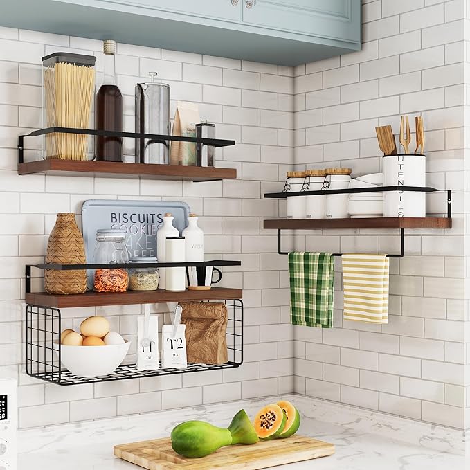 Bathroom Floating Shelves Wall Mounted - 3+1 Tier Rustic Wooden Bathroom Wall Shelves Over Toilet with Wire Storage Basket&To