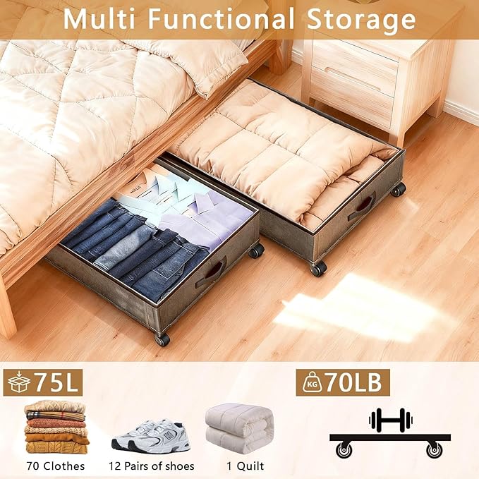 Under Bed Storage with Wheels, 2 Pack 75L Underbed Large Storage Bins with Lid, Adjustable Rolling Storage Containers for Clo