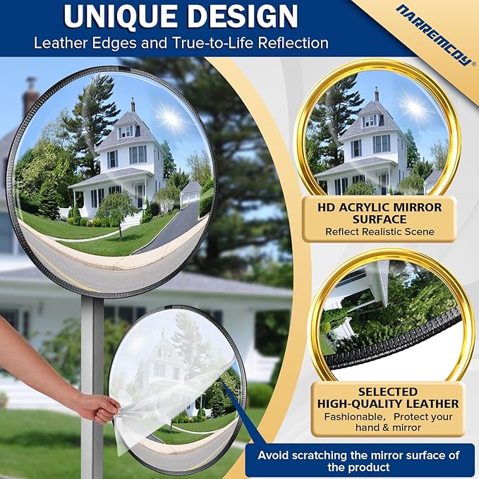 New Upgraded 22" HD Convex Mirror - 160° Adjustable Wide Angle View, Leather Frame & ABS Back, Traffic Mirror for Indoor/Outdoor Use in Garage, Warehouse, Driveway, Store & Office Security